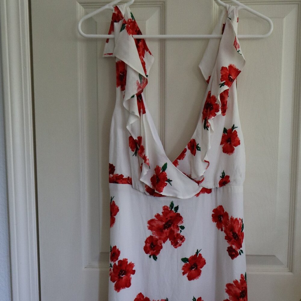 Forever 21 White Ruffle Mini Dress with Red Florals Sz L